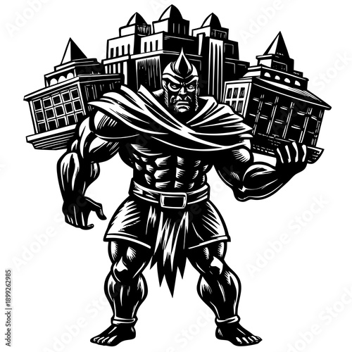 Massive titan figure carries a detailed city on its shoulders, representing burden, responsibility, or world-carrying power.