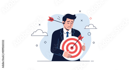 Disappointed businessman in a suit holding a circular target with an arrow that has hit his shoulder instead of the bullseye.