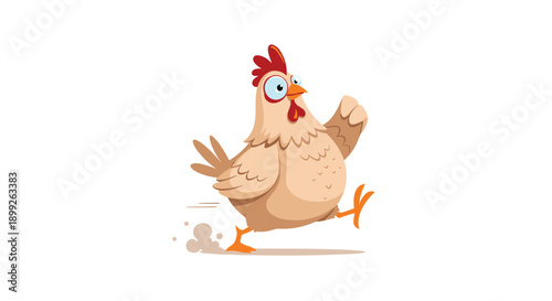Panicked brown hen running very quickly with its wings flapping and a scared expression on a white background.