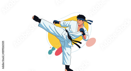Martial arts fighter in a white gi and black belt performing a powerful high kick against a clean white background.