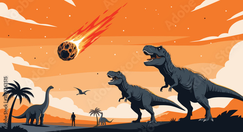Prehistoric landscape with dinosaurs watching a giant fiery meteor fall from an orange sky with silhouettes of palm trees.