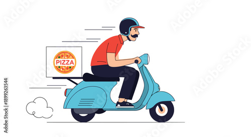 Professional pizza delivery person wearing a helmet and red shirt riding a blue motorized scooter to deliver fresh food.