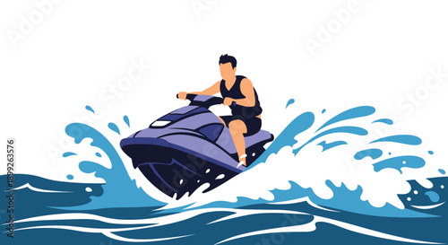 Man riding a purple and black jet ski through blue ocean waves with water splashing around him in a sunny summer day.