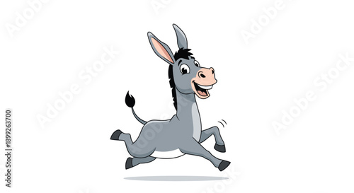 Energetic and happy gray donkey character running playfully with a wide smile and its ears held high against a white background.
