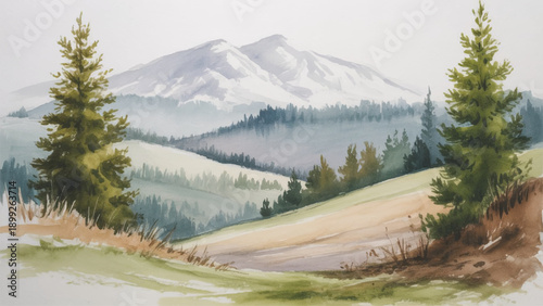 Watercolor Mountain Landscape with Pine Trees and Misty Forest
