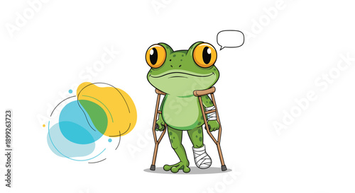 Injured green frog character walking with wooden crutches and a white cast on its broken leg against a white background.