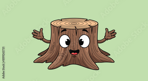 Friendly tree stump character with big expressive eyes and a happy smile waving its wooden hands on a light green background.