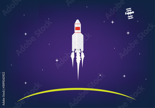 Chine Rocket goes up to space station or orbit. Editable Clip art.