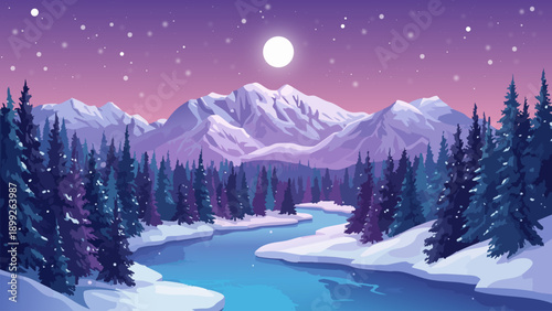Winter Night Mountain Landscape with Moon, Snowy Forest and River