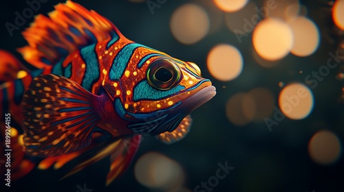 Mandarin fish portrait, aquatic bokeh, vibrant colors, ocean background, aquarium use