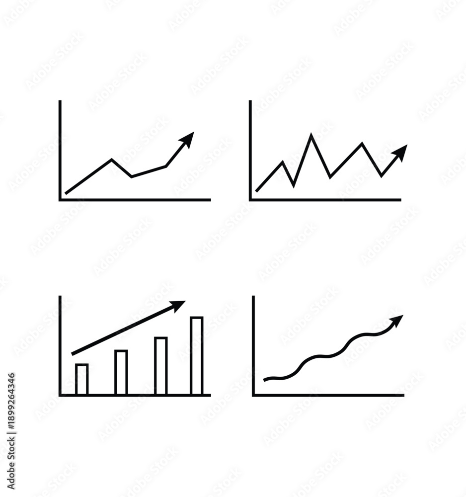 Obraz premium Set of Financial Growth Charts and Business Progress Graphs with Upward Arrows for Success and Data Analytics