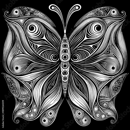Butterfly alpona with perfectly symmetrical wings adorned with detailed traditional patterns, folk art vector illustration.