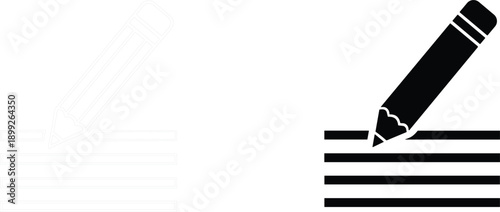 Pencil writing document icons set featuring outline and solid styles for editing notes education content creation design concepts