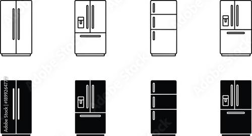Refrigerator icons set featuring modern fridge designs in outline and solid styles for kitchen, appliance, and home concepts