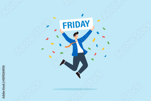 Flat illustration of businessman jumping with confetti while holding Friday sign symbolizing end of workweek celebration happiness work life balance office joy and weekend excitement