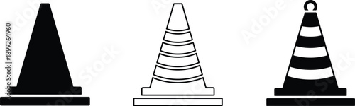 Traffic cone icons set showing solid, outline, and striped safety cones for road construction warning signage design concepts