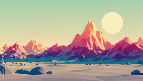 Stylized Mountain Landscape Illustration with Sun and Desert View