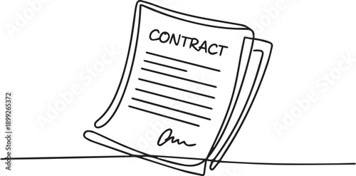 Signed contract document on a flat surface viewed from the side with a simple line art illustration style