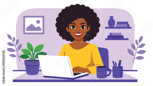 Flat design illustration of a black woman depicting working on a laptop at a home office for remote business