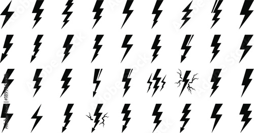 Collection of various black lightning bolt icons and abstract symbols on a plain background from a straightforward viewpoint