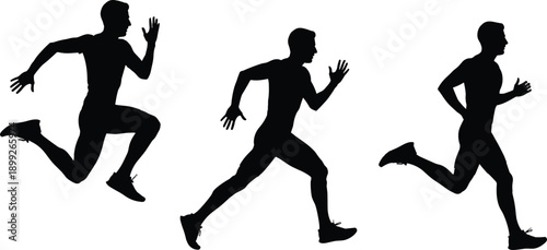Silhouetted runners in various stages of sprinting motion captured from a side viewpoint