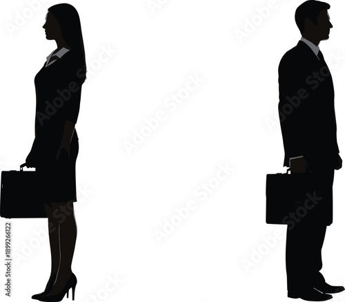 Man and woman in business attire standing facing opposite directions with briefcases in a professional setting