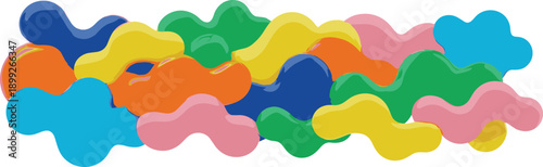 Vibrant abstract shapes in diverse colors arranged in a playful pattern viewed from directly above