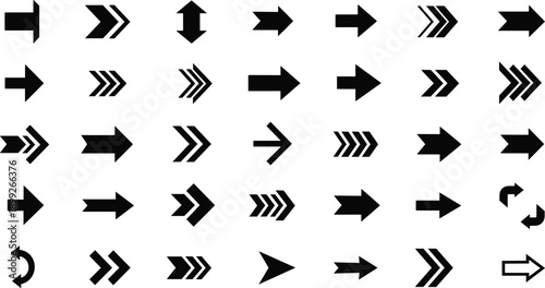 Collection of diverse black arrows pointing in various directions on a white background, showcasing different arrow styles and designs