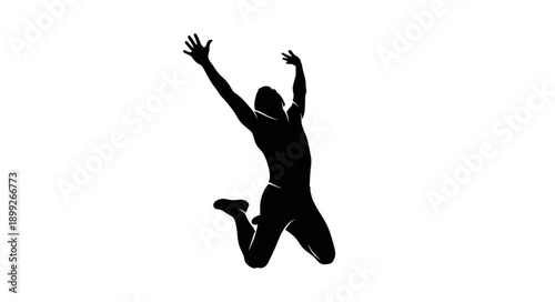 Silhouette of a man jumping in the air with arms raised.