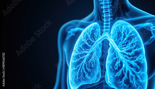Illuminated human respiratory organs are displayed in a close up medical illustration