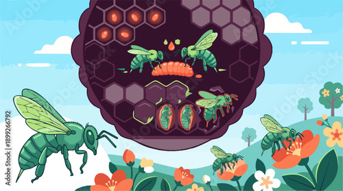 Bees gathering nectar from flowers in a vibrant floral landscape, viewed from a slight aerial perspective