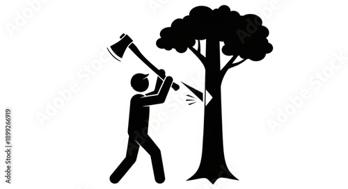 Silhouette of a person chopping down a tree with an axe.