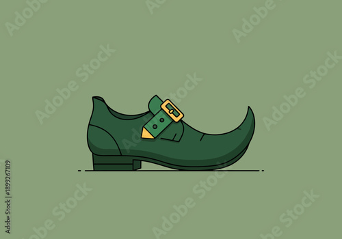 Isolated Flat Design Goblin Shoe with Gold Buckle on a Solid Green Background Symbolizing Folklore and Fantasy