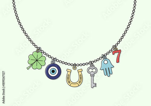 Collection of Lucky Charms Including Four Leaf Clover Horseshoe Evil Eye Hand and Number Seven Pendant Necklace on Chain