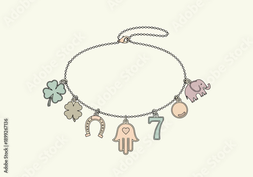 Collection of Lucky Charm Symbols Representing Good Fortune and Protection on a Delicate Chain Necklace Design Element