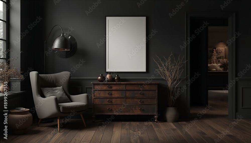 Fototapeta premium A modern dark interior room with a gray chair and wooden dresser