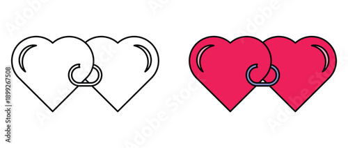 Two interlocking hearts illustration with a metal ring connecting them
