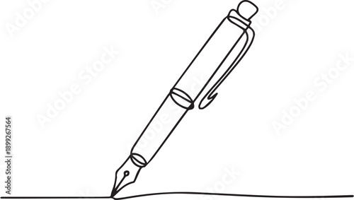 A continuous line drawing of a fountain pen writing on paper from an angled viewpoint