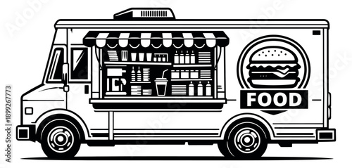 Graphic line art illustration of a food truck depicting mobile fast food service for urban catering