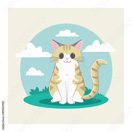 Whiskered Wonder: A charming illustration captures an adorable tabby cat, its playful demeanor reflected in its wide, innocent eyes, set against a backdrop of a sunny sky and fluffy clouds.