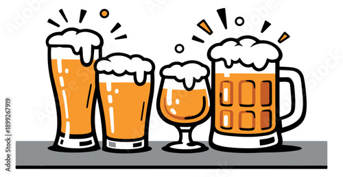 Hand drawn line art beer glasses set featuring various types of frothy beer mugs and glasses for bars, pubs, and beverage concepts