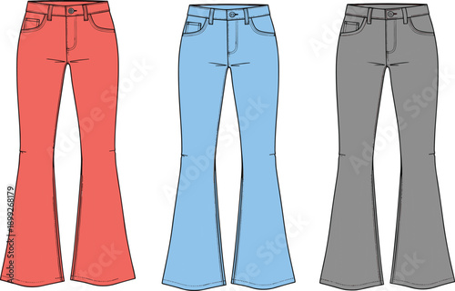 Technical fashion illustration of women's high waisted flare jeans in three colors featuring denim bell bottom trousers for apparel design CAD sketches