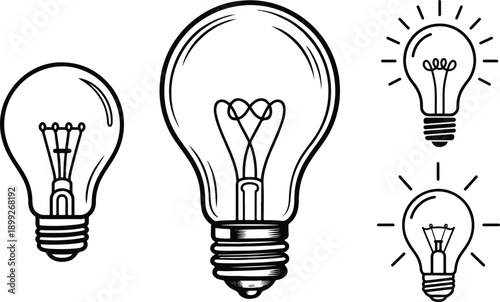 Simple black and white illustration of glowing light bulb symbolizing idea innovation inspiration and creativity concept.