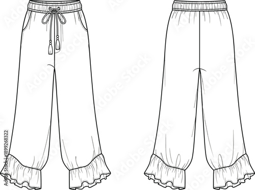 Technical fashion illustration of women's wide leg trousers featuring a ruffled hem drawstring waist and side pockets for apparel design CAD vector sketches