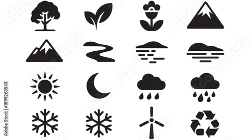 A collection of simple black icons depicting various environmental elements and natural phenomena on a clean white background