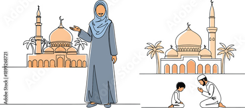 Illustration depicting a woman in hijab with mosques and praying figures