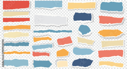 Large collection of colorful torn paper scraps and ripped notebook edges with blank space for notes