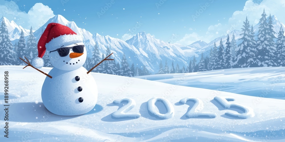 Obraz premium A festive snowman with a santa hat and sunglasses in a winter wonderland.