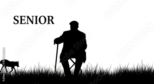 Silhouette of a Senior Man Sitting Outdoors with Cane and a Small Animal.