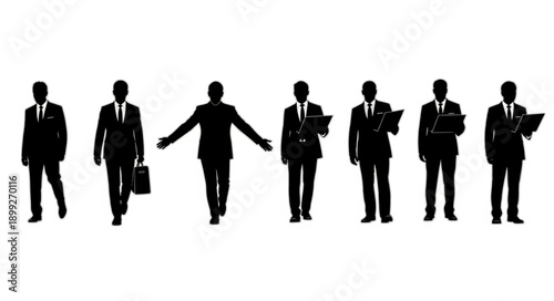 Silhouettes of businessmen in suits with briefcases and folders.